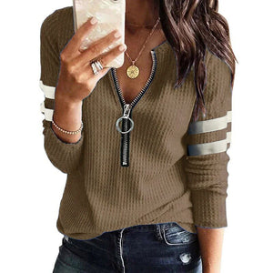 Zipper V Neck Knit Shirt Solid Color Stripe