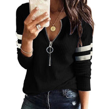 Load image into Gallery viewer, Zipper V Neck Knit Shirt Solid Color Stripe