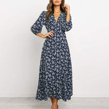 Load image into Gallery viewer, Autumn blue green floral V neck Long Sleeve High Waist Chiffon Dress - Sophornlilly