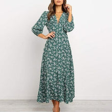 Load image into Gallery viewer, Autumn blue green floral V neck Long Sleeve High Waist Chiffon Dress - Sophornlilly