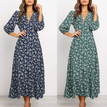 Load image into Gallery viewer, Autumn blue green floral V neck Long Sleeve High Waist Chiffon Dress - Sophornlilly
