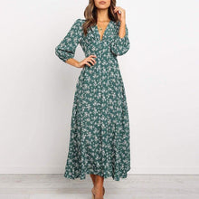 Load image into Gallery viewer, Autumn blue green floral V neck Long Sleeve High Waist Chiffon Dress - Sophornlilly