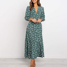 Load image into Gallery viewer, Autumn blue green floral V neck Long Sleeve High Waist Chiffon Dress - Sophornlilly