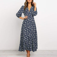 Load image into Gallery viewer, Autumn blue green floral V neck Long Sleeve High Waist Chiffon Dress - Sophornlilly
