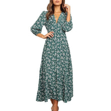 Load image into Gallery viewer, Autumn blue green floral V neck Long Sleeve High Waist Chiffon Dress - Sophornlilly