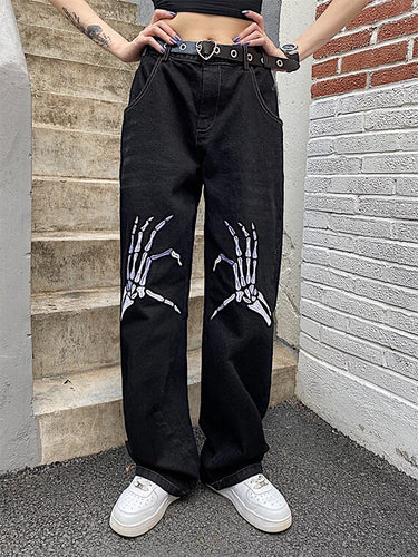 hip hop skull embroidered jeans