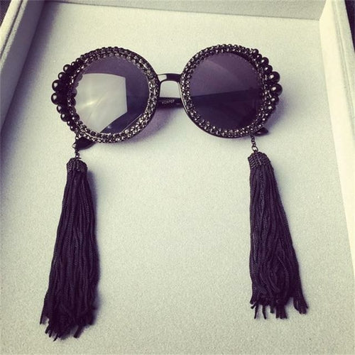 Baroque Round Sunglasses Tassel Pearl Rhinestones