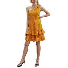 Load image into Gallery viewer, One Shoulder Polka Dot Layered Ruffle Hem Dresses Women