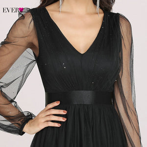 Black Evening Dresses Short Ever Pretty Elegant A Line V Neck Long