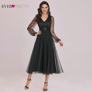 Black Evening Dresses Short Ever Pretty Elegant A Line V Neck Long