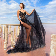 Load image into Gallery viewer, Black Net/Tulle A line Applique Jewel Sweep/Brush Floor length Button