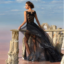 Load image into Gallery viewer, Black Net/Tulle A line Applique Jewel Sweep/Brush Floor length Button