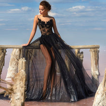 Load image into Gallery viewer, Black Net/Tulle A line Applique Jewel Sweep/Brush Floor length Button