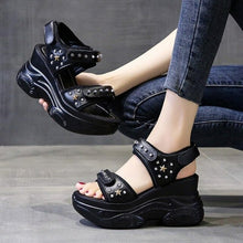 Load image into Gallery viewer, Black PU Leather Hollow Rivet Sewing Thick Bottom Sandals Retro Hook &amp;