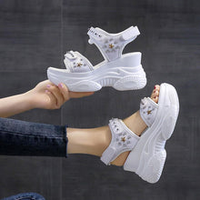Load image into Gallery viewer, Black PU Leather Hollow Rivet Sewing Thick Bottom Sandals Retro Hook &amp;
