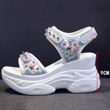 Load image into Gallery viewer, Black PU Leather Hollow Rivet Sewing Thick Bottom Sandals Retro Hook &amp;