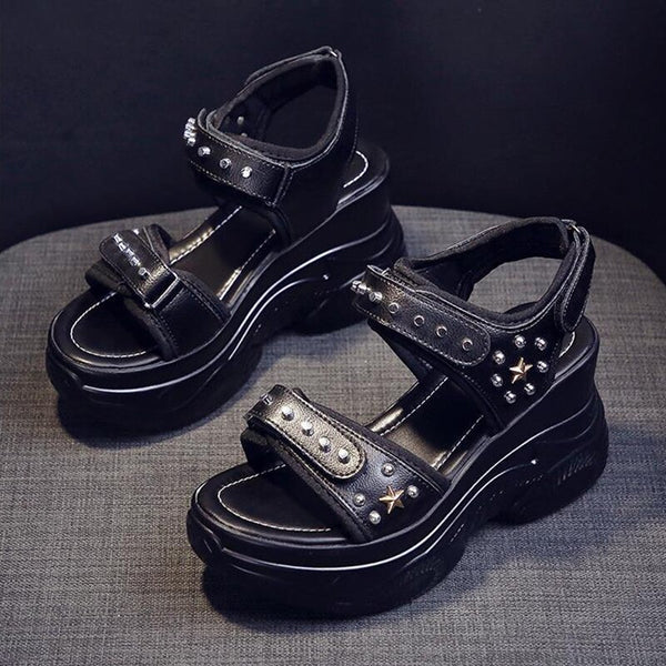 Black PU Leather Hollow Rivet Sewing Thick Bottom Sandals Retro Hook &