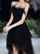 Load image into Gallery viewer, Black Sexy Strapless Evening Dress Tulle Lace Short Front Long Back