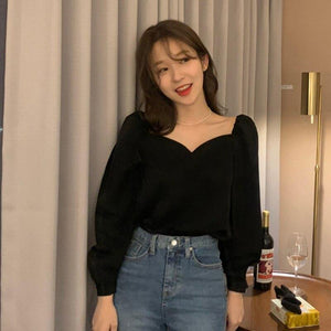 Black Square Collar Shirt Women Spring Autumn Long Sleeve Woman - Sophornlilly