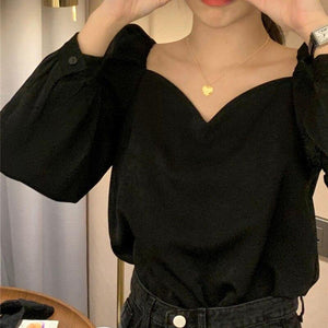 Black Square Collar Shirt Women Spring Autumn Long Sleeve Woman - Sophornlilly