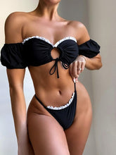 Load image into Gallery viewer, Black White Off Shoulder Frilled Ruffled Bikini Women Swimwear Female - Sophornlilly