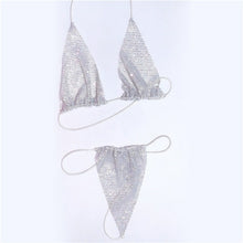 Load image into Gallery viewer, Bling Rhinestones Fishnet Bra Panty Set Women Halter Bra Sexy Panty