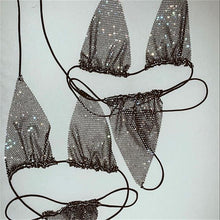 Load image into Gallery viewer, Bling Rhinestones Fishnet Bra Panty Set Women Halter Bra Sexy Panty