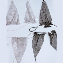 Load image into Gallery viewer, Bling Rhinestones Fishnet Bra Panty Set Women Halter Bra Sexy Panty
