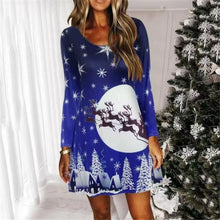 Load image into Gallery viewer, Blue Snowflake Deer Cartoon Print Dress Sweet Cute Casual Christmas