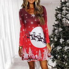 Load image into Gallery viewer, Blue Snowflake Deer Cartoon Print Dress Sweet Cute Casual Christmas
