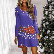 Load image into Gallery viewer, Blue Snowflake Deer Cartoon Print Dress Sweet Cute Casual Christmas