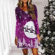 Load image into Gallery viewer, Blue Snowflake Deer Cartoon Print Dress Sweet Cute Casual Christmas