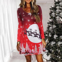 Load image into Gallery viewer, Blue Snowflake Deer Cartoon Print Dress Sweet Cute Casual Christmas