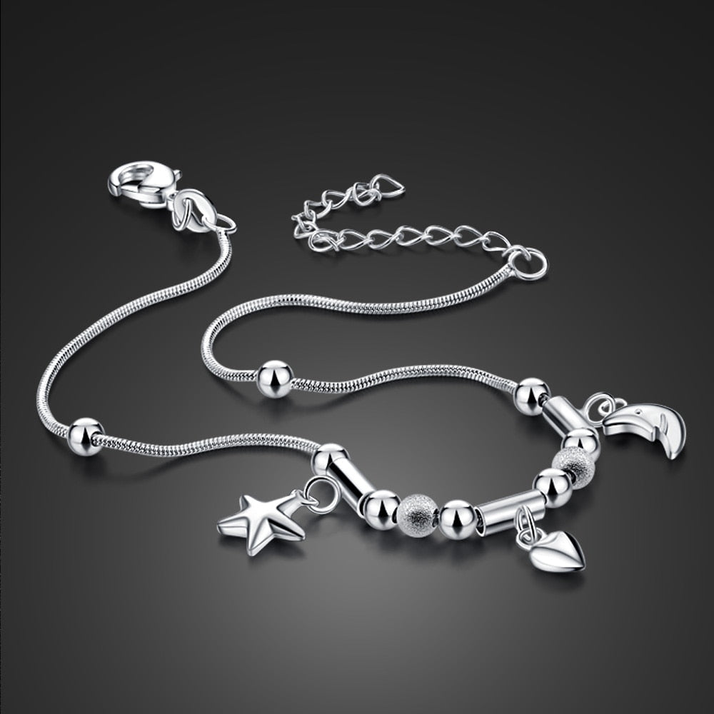 Bohemia Sweet Simple Stars Moon Heart Anklet Sterling Silver