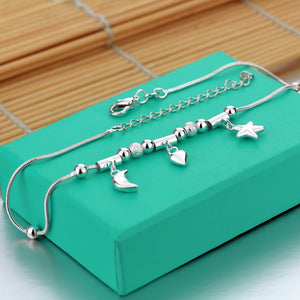 Bohemia Sweet Simple Stars Moon Heart Anklet Sterling Silver