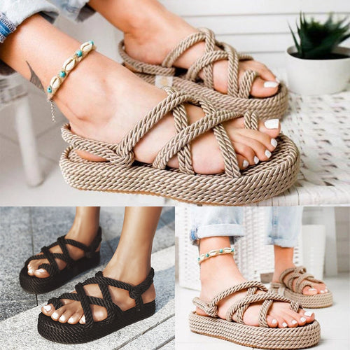 Bohemian Sandals For Women Flat Linen Rope Platform Female Open Toe