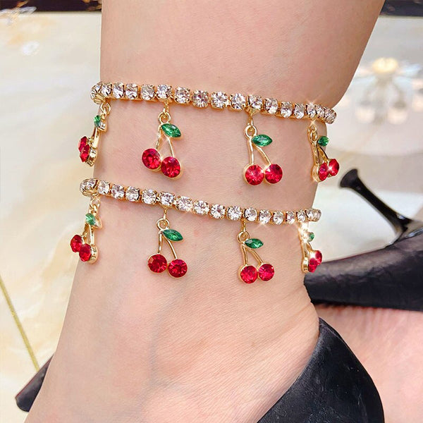 Boho Cherry Crystal Pendant Anklets For Women Gold Silver Color Luxury