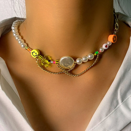 Irregular Pearl Smiley Face Asymmetric Beaded Necklace