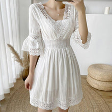 Load image into Gallery viewer, Boho White Dress Women Short Sleeved Lace Slim Mini Dress Vestidos - Sophornlilly
