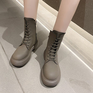 Boots Lace Up Round Toe Winter Footwear Autumn