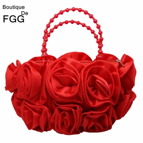 Boutique Red Flower Rose Bush Women Satin Evening Purse Beaded