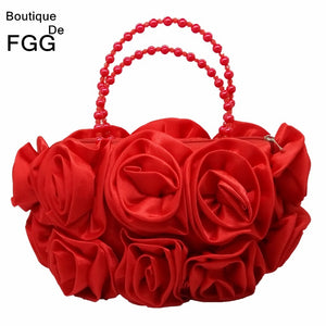 Boutique Red Flower Rose Bush Women Satin Evening Purse Beaded