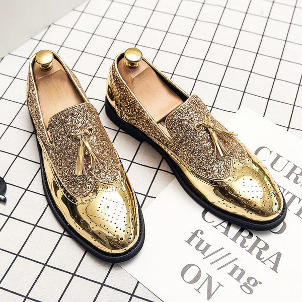 Brand Gold Tassel Leather Men Shoes Designer Glitter Brogue