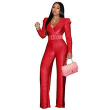 Load image into Gallery viewer, Bright Sequins Wide Leg Jumpsuit Women Sexy V-neck Puff Long Sleeve