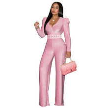 Load image into Gallery viewer, Bright Sequins Wide Leg Jumpsuit Women Sexy V-neck Puff Long Sleeve