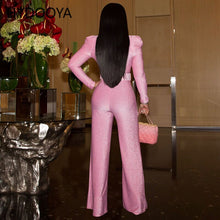 Load image into Gallery viewer, Bright Sequins Wide Leg Jumpsuit Women Sexy V-neck Puff Long Sleeve