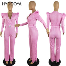 Load image into Gallery viewer, Bright Sequins Wide Leg Jumpsuit Women Sexy V-neck Puff Long Sleeve