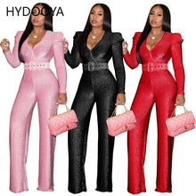 Load image into Gallery viewer, Bright Sequins Wide Leg Jumpsuit Women Sexy V-neck Puff Long Sleeve