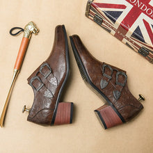 Load image into Gallery viewer, Brown Double Buckle Men Loafers Shoes Thick Heel