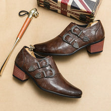Load image into Gallery viewer, Brown Double Buckle Men Loafers Shoes Thick Heel
